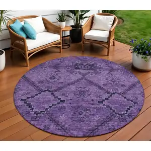 Photo of 8' Eggplant Purple And Plum Round Floral Washable Indoor Outdoor Area Rug