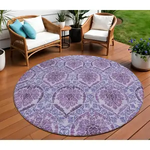 Photo of 8' Eggplant Purple And Silver Round Medallion Washable Indoor Outdoor Area Rug