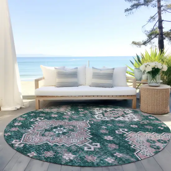 8' Emerald Brown And Ivory Round Medallion Washable Indoor Outdoor Area Rug Photo 8