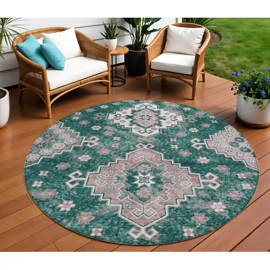 8' Emerald Brown And Ivory Round Medallion Washable Indoor Outdoor Area Rug Photo 1