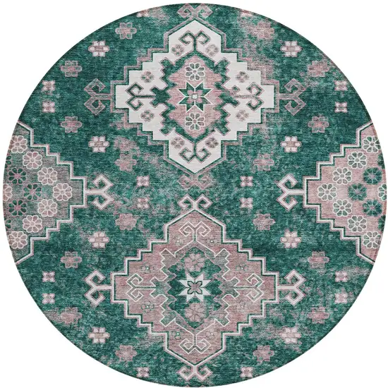 8' Emerald Brown And Ivory Round Medallion Washable Indoor Outdoor Area Rug Photo 7