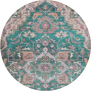 Photo of 8' Emerald Teal Blue And Beige Round Oriental Washable Indoor Outdoor Area Rug