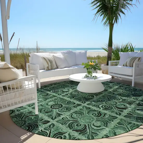 8' Fern Green And Charcoal Round Medallion Washable Indoor Outdoor Area Rug Photo 6