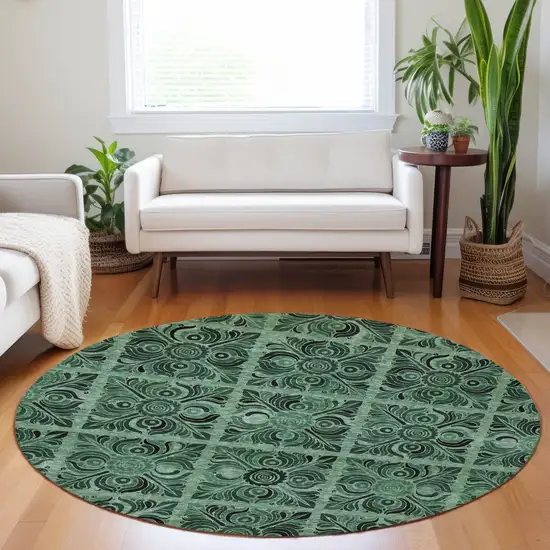 8' Fern Green And Charcoal Round Medallion Washable Indoor Outdoor Area Rug Photo 7