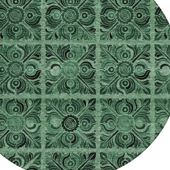 8' Fern Green And Charcoal Round Medallion Washable Indoor Outdoor Area Rug Photo 4