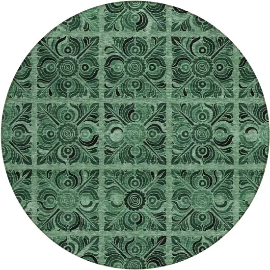 8' Fern Green And Charcoal Round Medallion Washable Indoor Outdoor Area Rug Photo 2