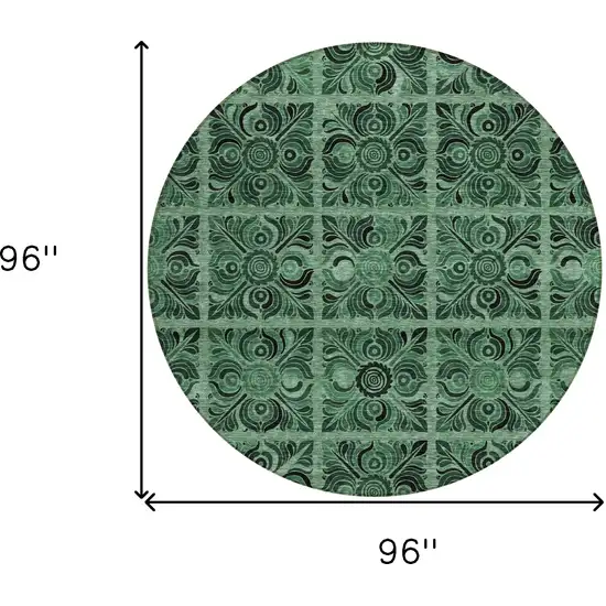 8' Fern Green And Charcoal Round Medallion Washable Indoor Outdoor Area Rug Photo 3