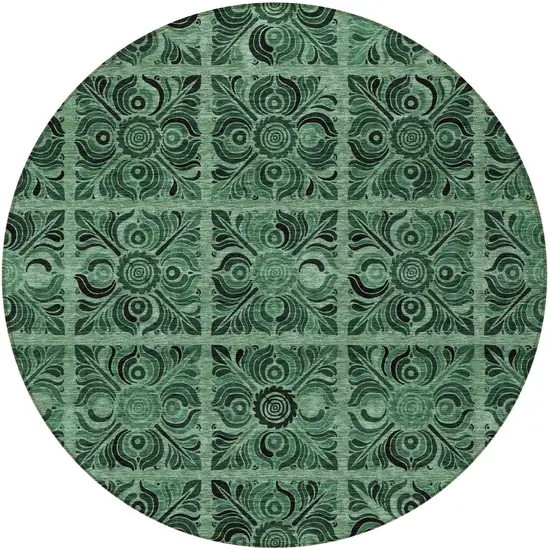 8' Fern Green And Charcoal Round Medallion Washable Indoor Outdoor Area Rug Photo 5