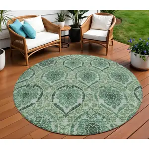 Photo of 8' Fern Green And Emerald Round Medallion Washable Indoor Outdoor Area Rug