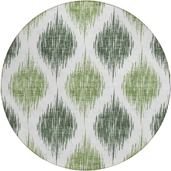 8' Fern Green And Ivory Round Ikat Washable Indoor Outdoor Area Rug Photo 2