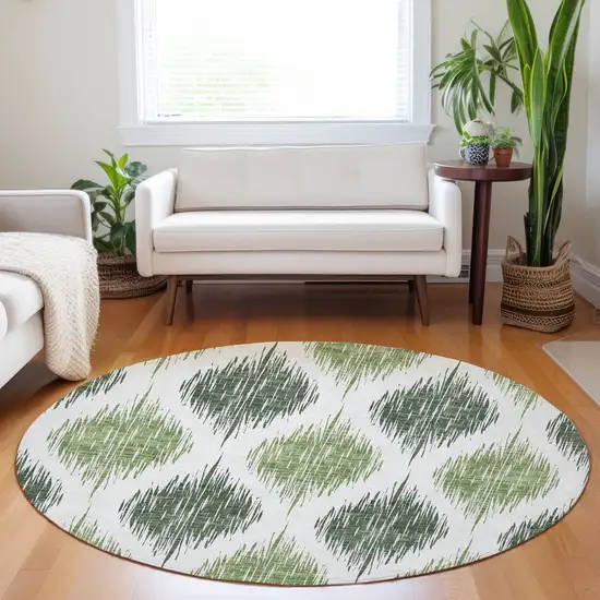 8' Fern Green And Ivory Round Ikat Washable Indoor Outdoor Area Rug Photo 7