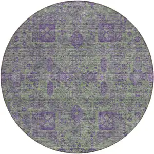 Photo of 8' Fern Green And Purple Round Oriental Washable Indoor Outdoor Area Rug