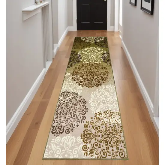 Green and Brown Floral Medallion Power Loom Washable Non Skid Runner Rug Photo 1