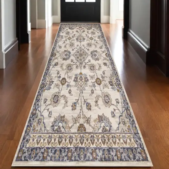 10' Ivory Charcoal and Navy Floral Power Loom Runner Rug Photo 1