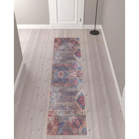 10' Geometric Power Loom Distressed Washable Runner Rug Photo 2