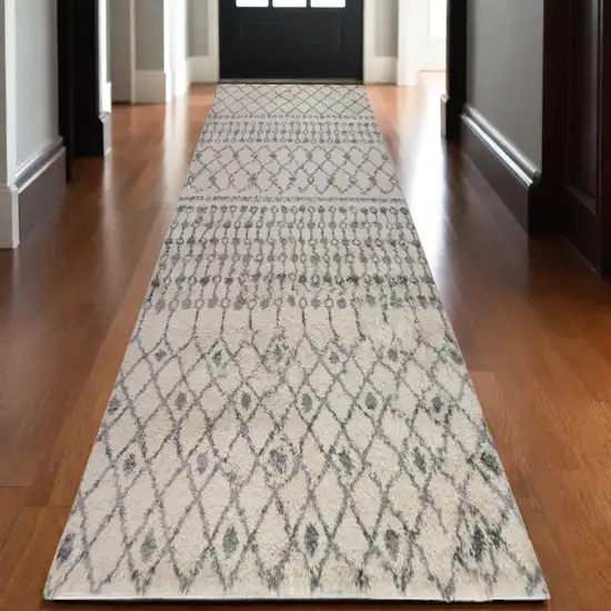 10' Gray and Ivory Geometric Shag Runner Rug Photo 1