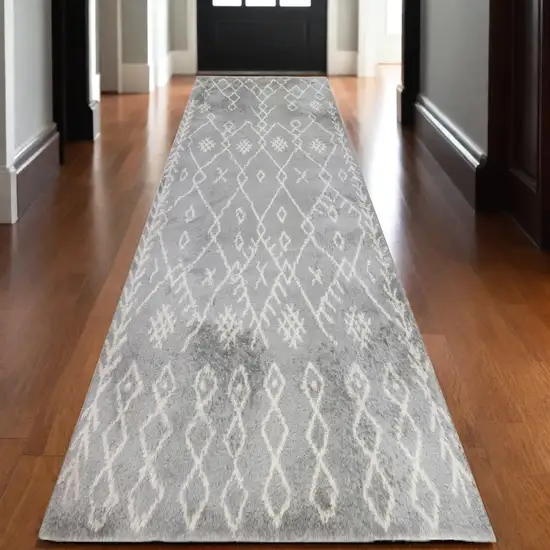 10' Gray and Ivory Geometric Shag Runner Rug Photo 1