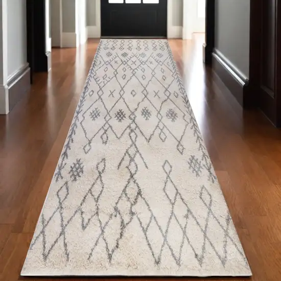 10' Gray and Ivory Geometric Shag Runner Rug Photo 1