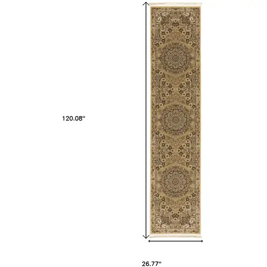 10' Gold And Ivory Medallion Runner Rug With Fringe Photo 3