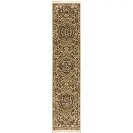 10' Gold And Ivory Medallion Runner Rug With Fringe Photo 2