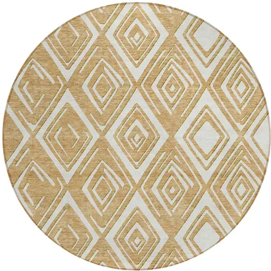 8' Gold And Ivory Round Geometric Washable Indoor Outdoor Area Rug Photo 6