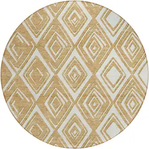 Photo of 8' Gold And Ivory Round Geometric Washable Indoor Outdoor Area Rug