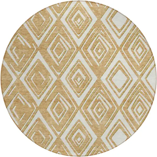 8' Gold And Ivory Round Geometric Washable Indoor Outdoor Area Rug Photo 2