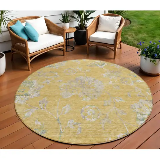 8' Gold Beige And Fern Green Round Floral Washable Indoor Outdoor Area Rug Photo 1