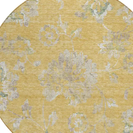 8' Gold Beige And Fern Green Round Floral Washable Indoor Outdoor Area Rug Photo 5