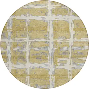 Photo of 8' Gold Beige And Gray Round Striped Washable Indoor Outdoor Area Rug