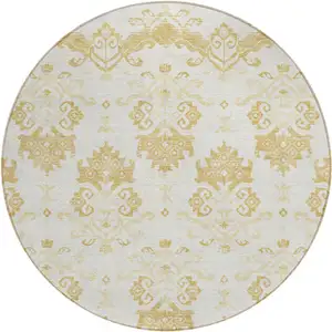 Photo of 8' Gold Beige And Wheat Round Oriental Washable Indoor Outdoor Area Rug