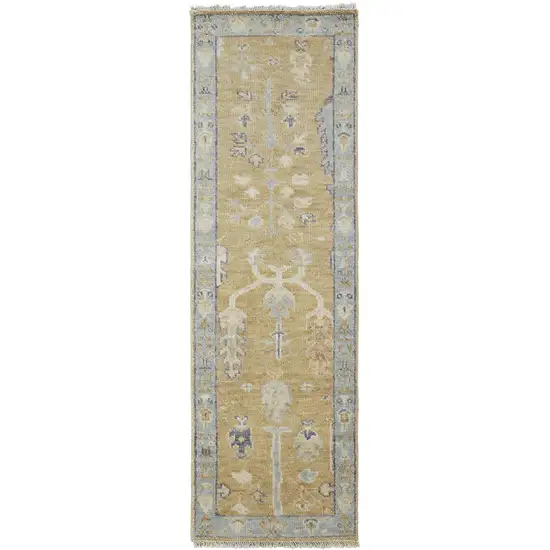 8' Gold Blue And Gray Wool Floral Hand Knotted Stain Resistant Runner Rug With Fringe Photo 1