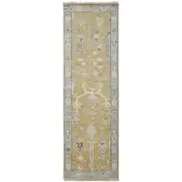 Photo of 8' Gold Blue And Gray Wool Floral Hand Knotted Stain Resistant Runner Rug With Fringe