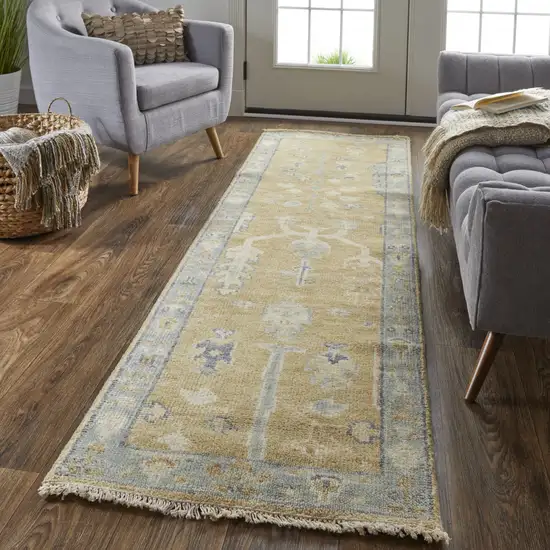 8' Gold Blue And Gray Wool Floral Hand Knotted Stain Resistant Runner Rug With Fringe Photo 4