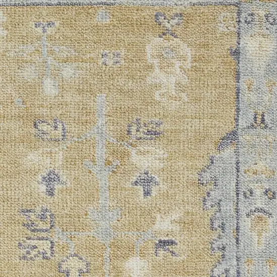 8' Gold Blue And Gray Wool Floral Hand Knotted Stain Resistant Runner Rug With Fringe Photo 4