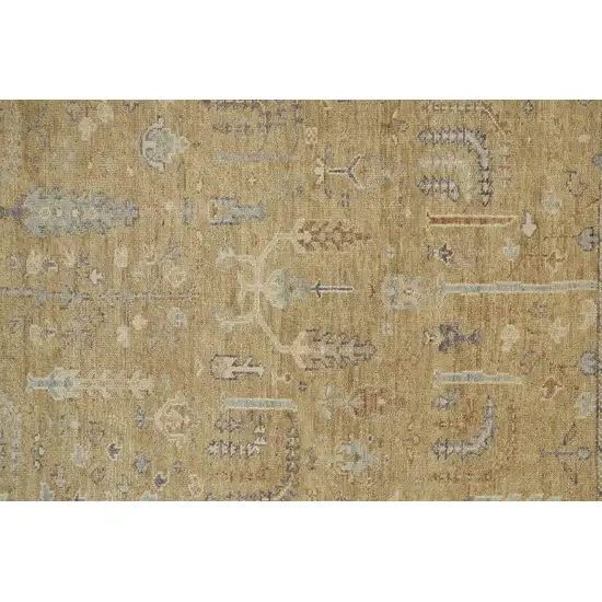 8' Gold Blue And Gray Wool Floral Hand Knotted Stain Resistant Runner Rug With Fringe Photo 3