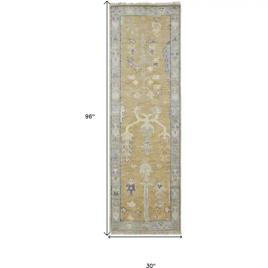 8' Gold Blue And Gray Wool Floral Hand Knotted Stain Resistant Runner Rug With Fringe Photo 7