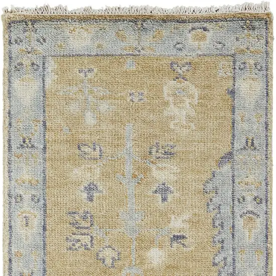 8' Gold Blue And Gray Wool Floral Hand Knotted Stain Resistant Runner Rug With Fringe Photo 5