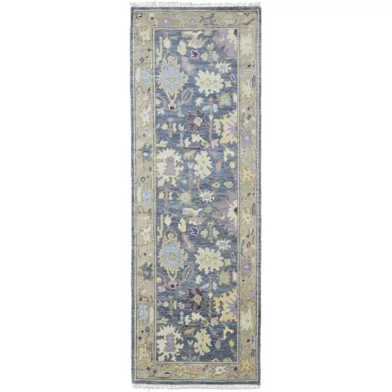 8' Gold Blue and Purple Wool Oriental Hand Knotted Runner Rug With Fringe Photo 2