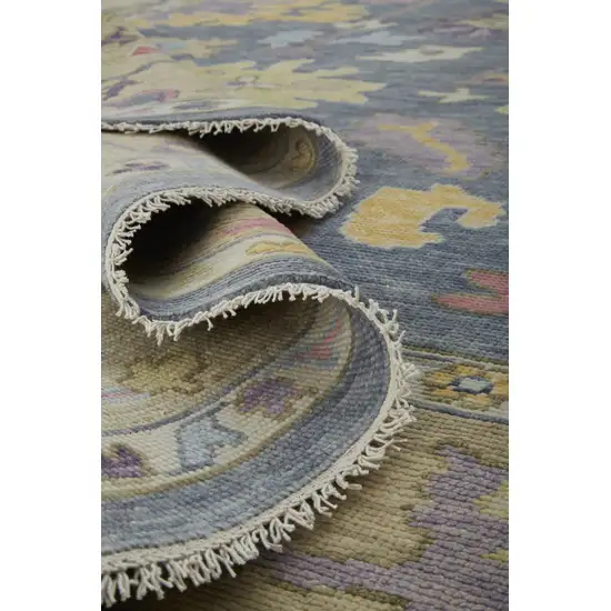 8' Gold Blue and Purple Wool Oriental Hand Knotted Runner Rug With Fringe Photo 6