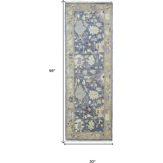 8' Gold Blue and Purple Wool Oriental Hand Knotted Runner Rug With Fringe Photo 3