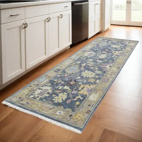 8' Gold Blue and Purple Wool Oriental Hand Knotted Runner Rug With Fringe Photo 1