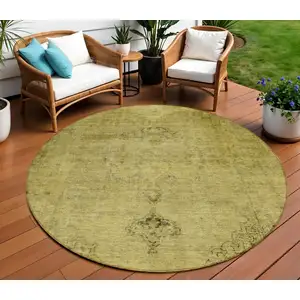 Photo of 8' Gold Brown And Wheat Round Oriental Washable Indoor Outdoor Area Rug