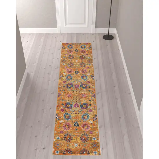 10' Gold Floral Power Loom Runner Rug Photo 2