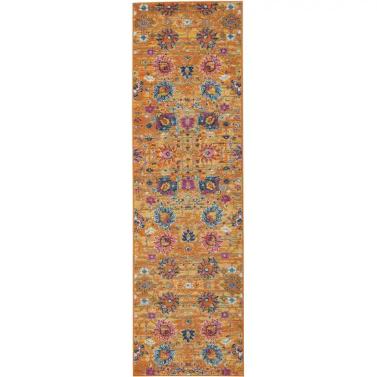 10' Gold Floral Power Loom Runner Rug Photo 3