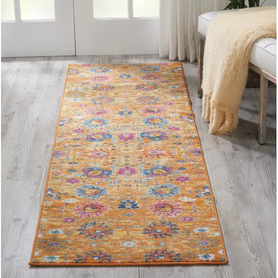 10' Gold Floral Power Loom Runner Rug Photo 5