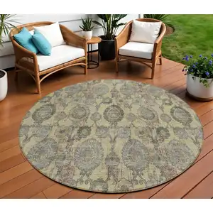 Photo of 8' Gold Gray And Charcoal Round Damask Washable Indoor Outdoor Area Rug