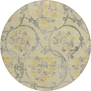 Photo of 8' Gold Gray And Charcoal Round Floral Washable Indoor Outdoor Area Rug