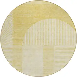 Photo of 8' Gold Ivory And Yellow Round Geometric Washable Indoor Outdoor Area Rug