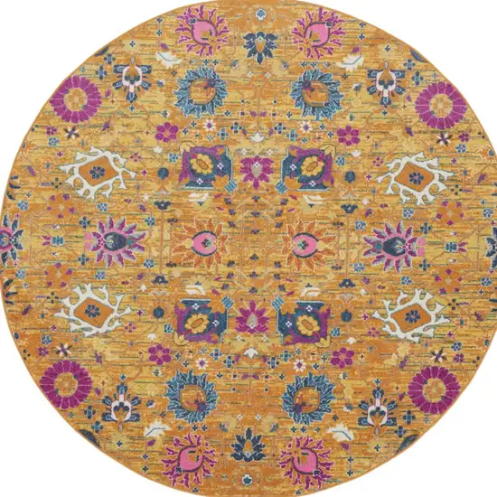 8' Gold Round Floral Power Loom Area Rug Photo 8